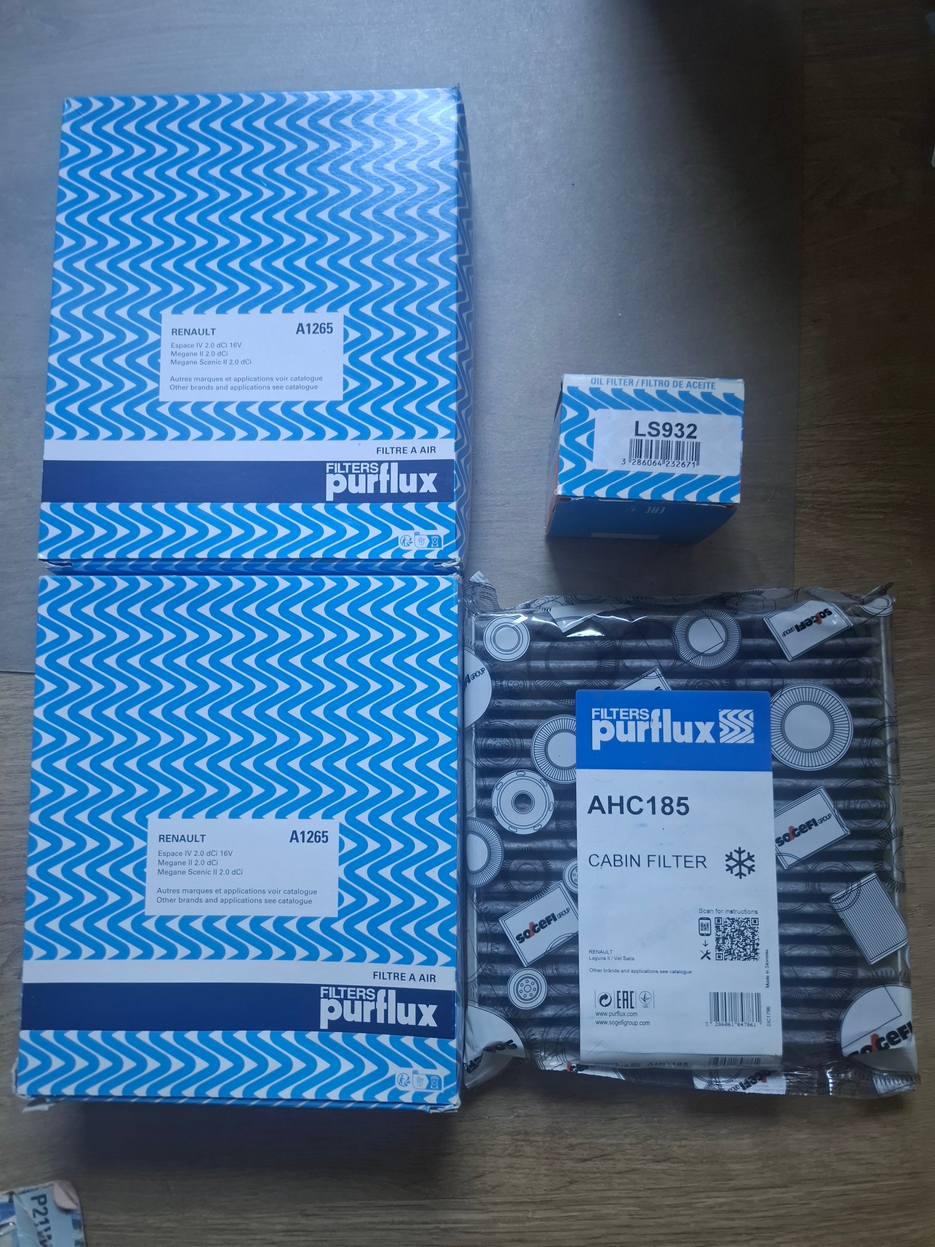 ФІЛЬТРИ PURFLUX LAGUNA2 2.0T: ПОВІТРЯ A1265 X2, КАБІНА AHC185, МАСТИЛО LS932 