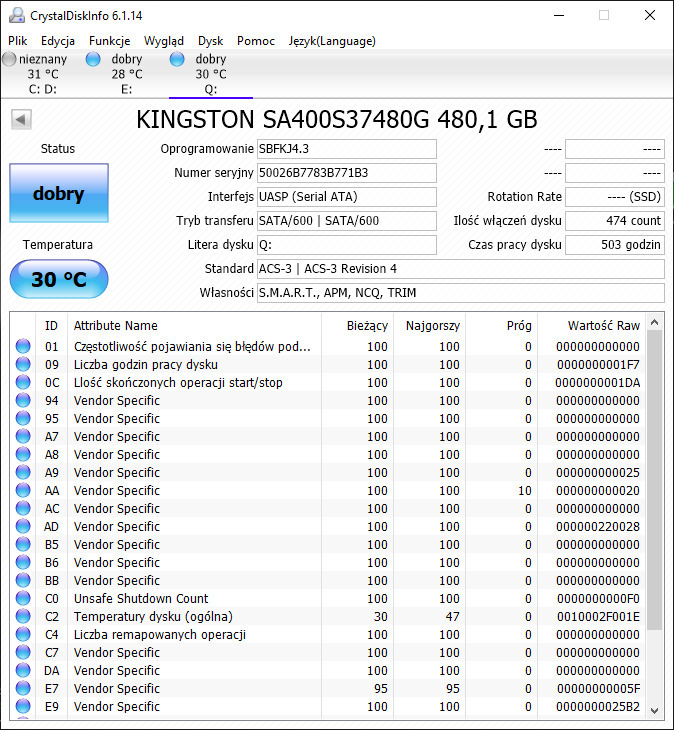 Dysk SSD Kingston SA400S3 480 GB 100% SPRAWNY! | Bezwola | Kup teraz na  Allegro Lokalnie