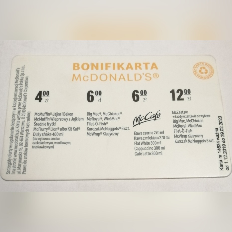 BONIFIKARTA Mcdonalds KARTA RABATOWA Osie Kup teraz na Allegro Lokalnie