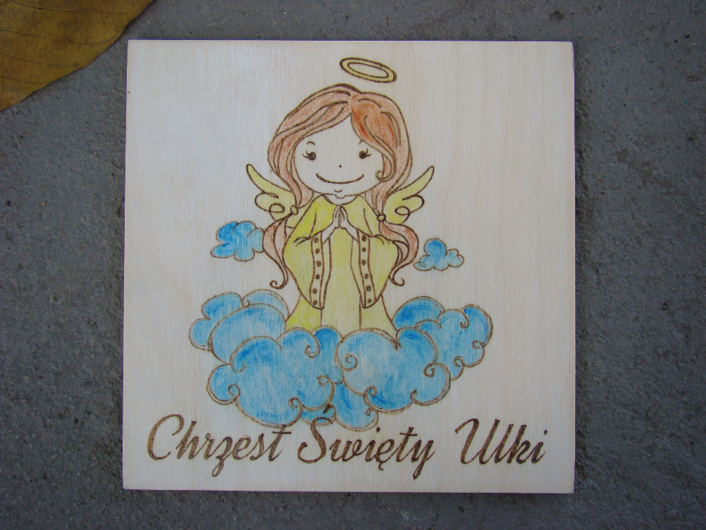 Zdjęcie oferty: Drewniany obrazek z aniołkiem chrzest narodziny
