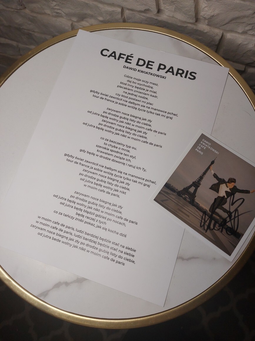 Tekst "Café de Paris" + autograf Dawid Kwiatkowski Rymanów