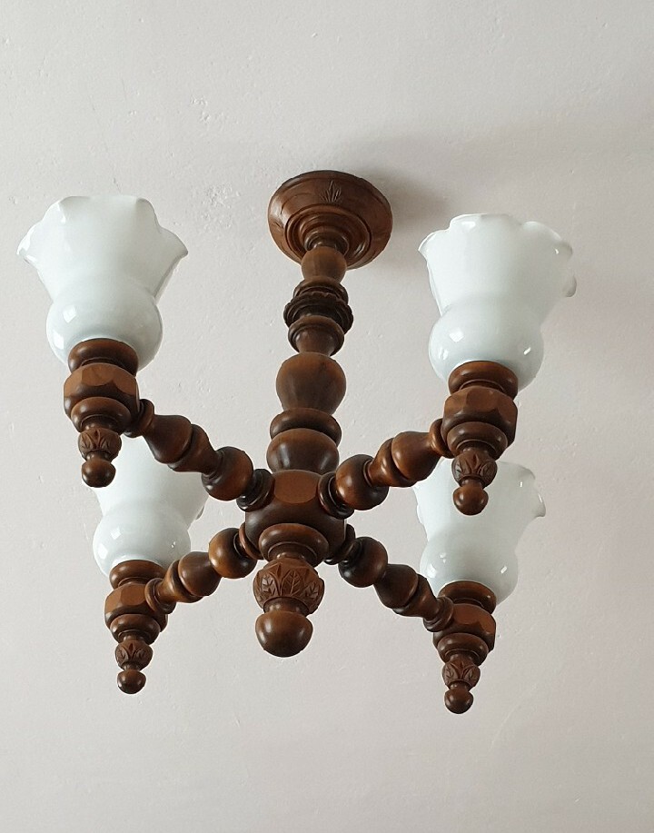 Żyrandol i 2 kinkiety drewno PRL art deco vintage Zgierz Kup teraz