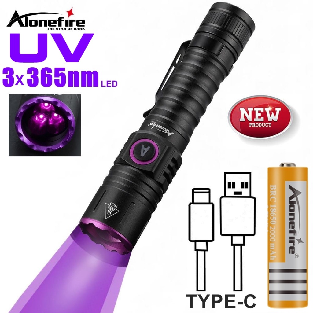 ЛІХТАРИК UV ALONEFIRE SV103 3X365NM 15W ЧОРНИЙ ПЛАФОН Z БАТАРЕЯ 18650 