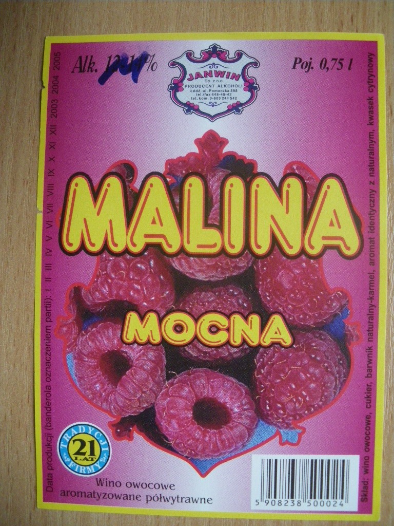 JANWIN Łódź Etykieta wina Malina Mocna Bełchatów Licytacja na