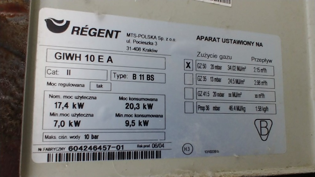 Piecyk Ogrzewacz wody gazowy REGENT B11BS części | Gaj | Kup teraz na ...