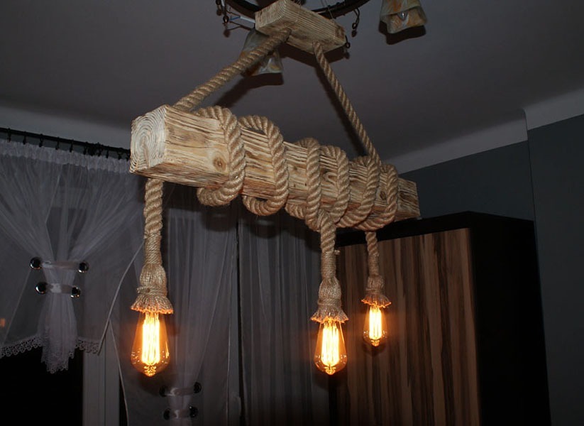 Lampa sufitowa z belki drewnianej z liną jutową | Osiek | Kup teraz na  Allegro Lokalnie