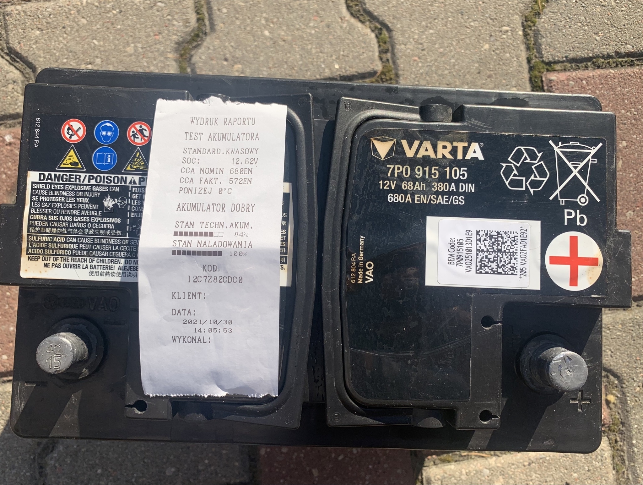 Akumulator Varta 12V, 68Ah 680 A, AGM start-stop, Warszawa