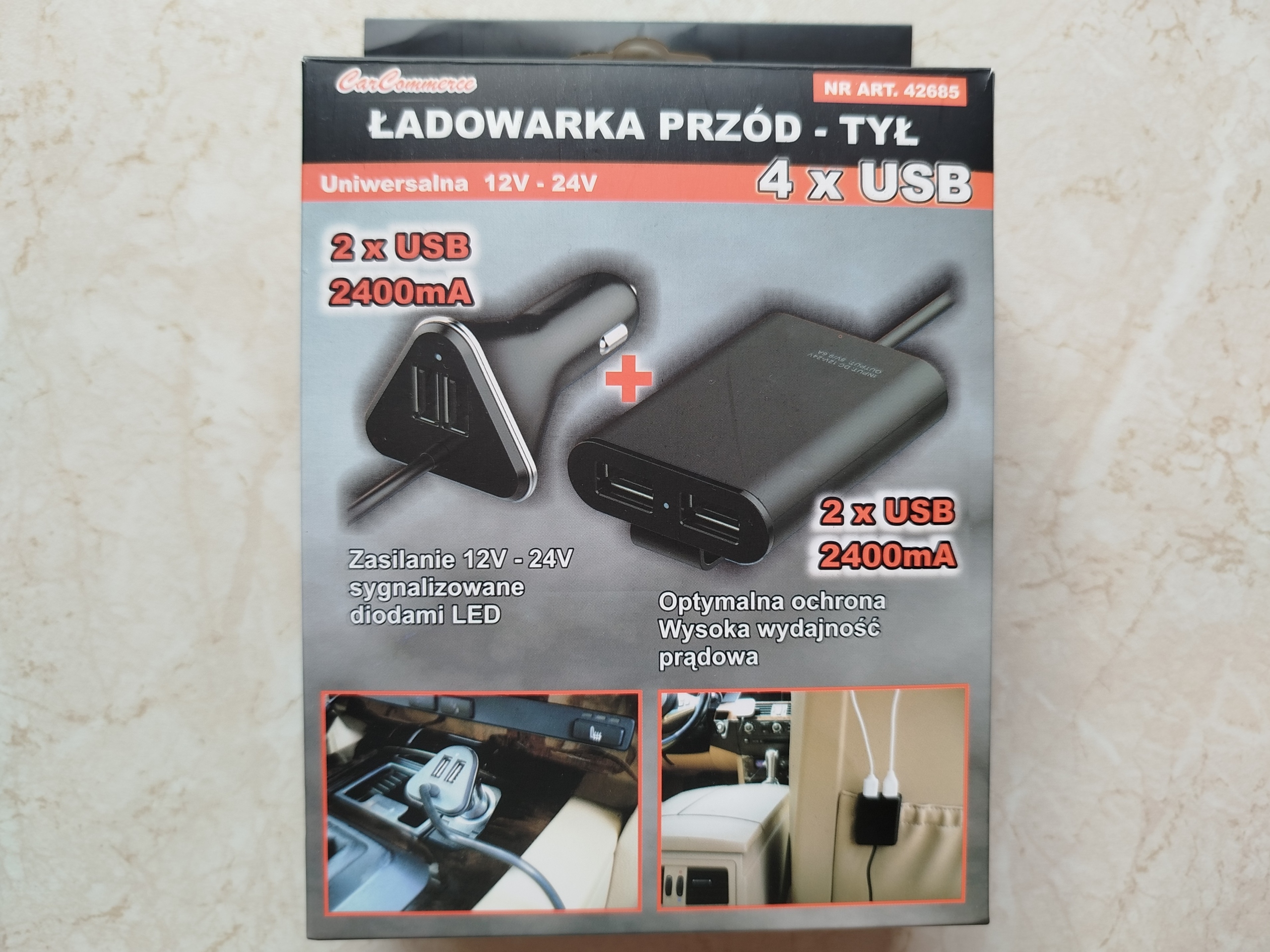 ЗАРЯДНИЙ ПРИСТРІЙ АВТОМОБІЛЬНА ПЕРІД + ЗАД 4XUSB 12V-24V CARCOMMERCE 42685 НОВА 