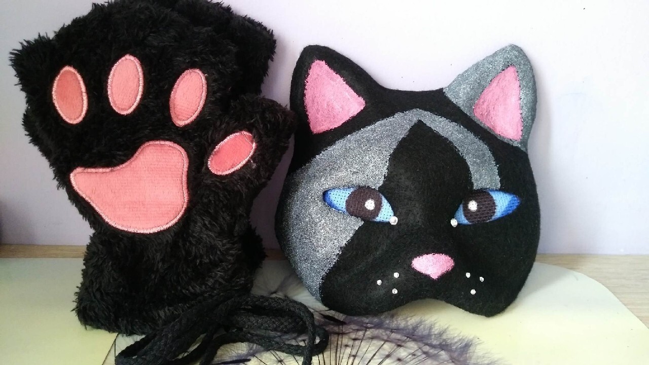Maska kota filc +rękawiczki. Therian furry cat mas Ostrów