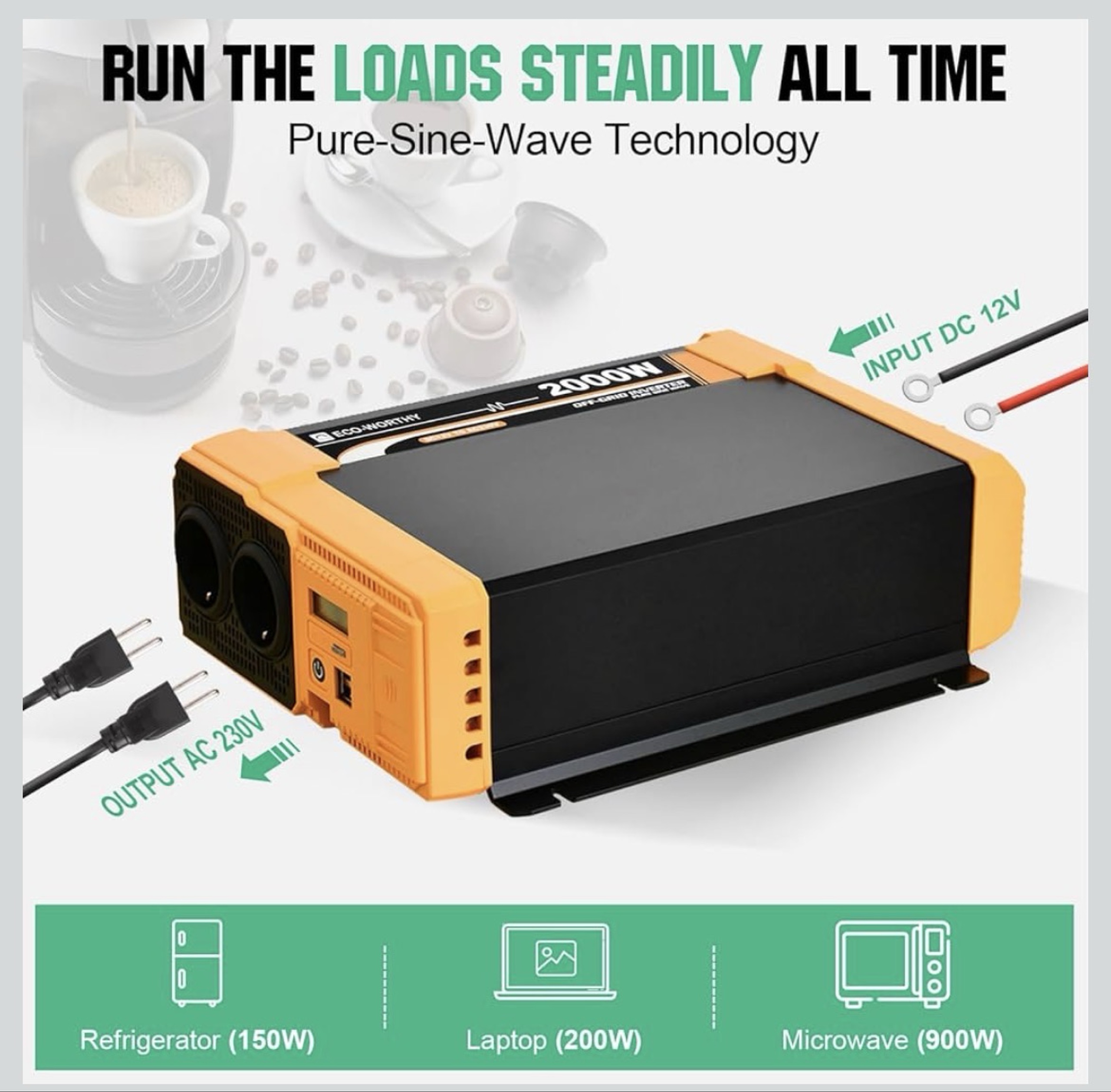 ECO-WORTHY FALOWNIK 12 V NA 230 V ПЕРЕТВОРЮВАЧ NAPIECIA, + БЛОК КЕРУВАННЯ 