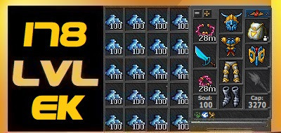 TIBIA 178 LVL EK KNIGHT KARMEYA + 1KK GOLD + FULL EQ + MOUNT OUTFITS ...