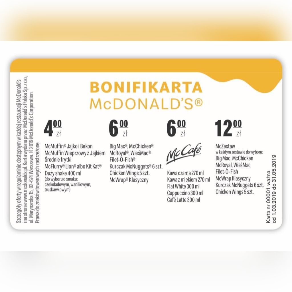 Bonifikarta McDonalds McCafe WAŻNA bonifikata Żyrardów Kup teraz na