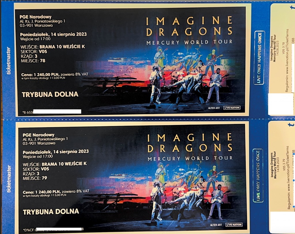 Dwa bilety na koncert Imagine Dragons Warszawa Warszawa Ogłoszenie