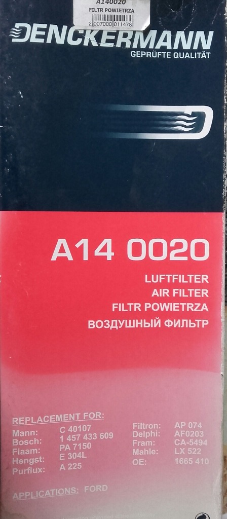 ФІЛЬТР DENCKERMANN A140020 ФІЛЬТР ПОВІТРЯ DENCKERMANN FORD MONDEO 