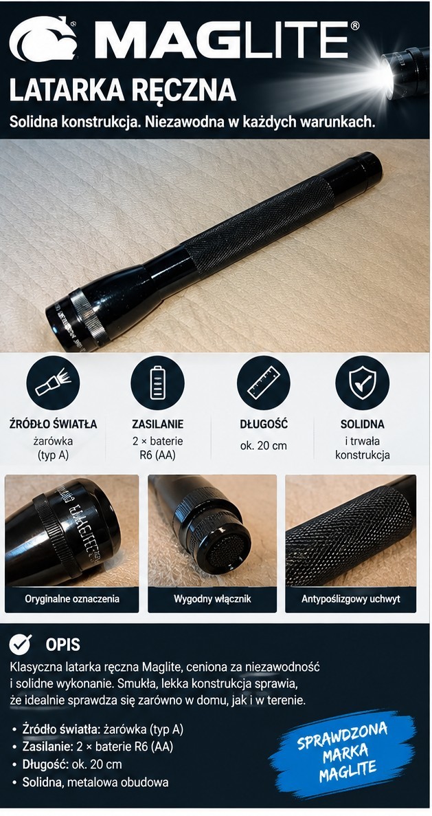 KULTOWA ФОНАРИК МИНИ MAGLITE 2AA ГАЛОГЕН VINTAGE 