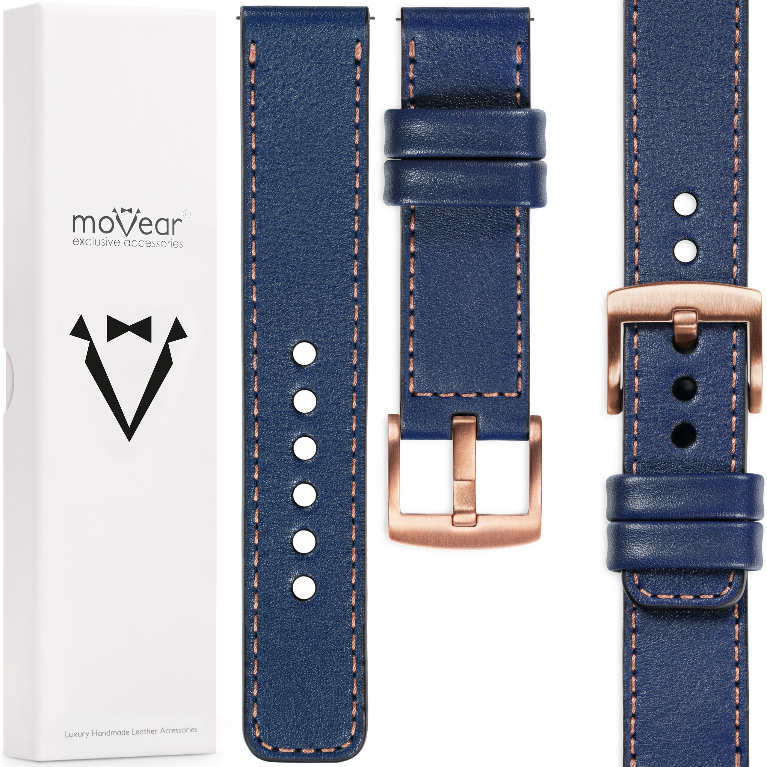 Kožený opasek 24 mm pro elegantní hodinky Italská kůže Movear Tmavě modrá