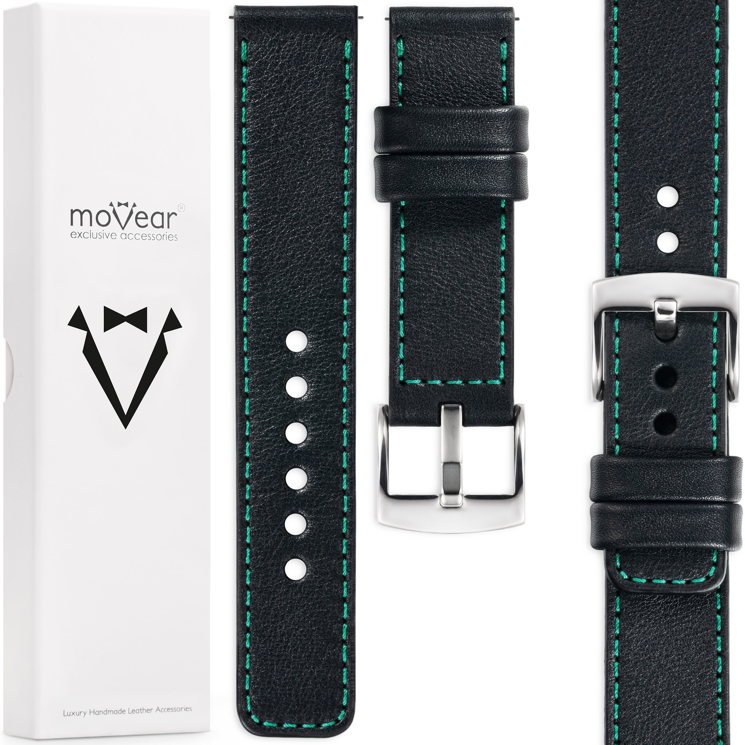 Pásek 24 mm pro prémiové hodinky, elegantní, ručně vyrobený Movear, černý