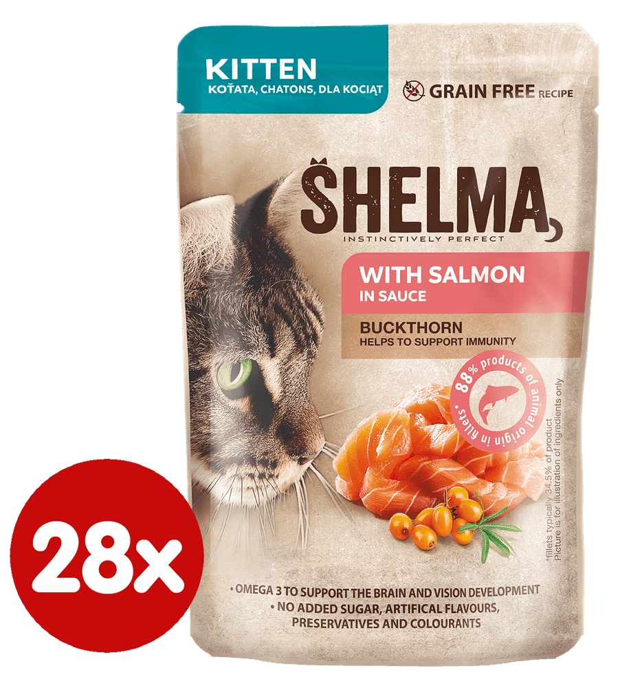 Shelma Bezobilné dušené filetky pro koťata s lososem a rakytníkem 28x85 g