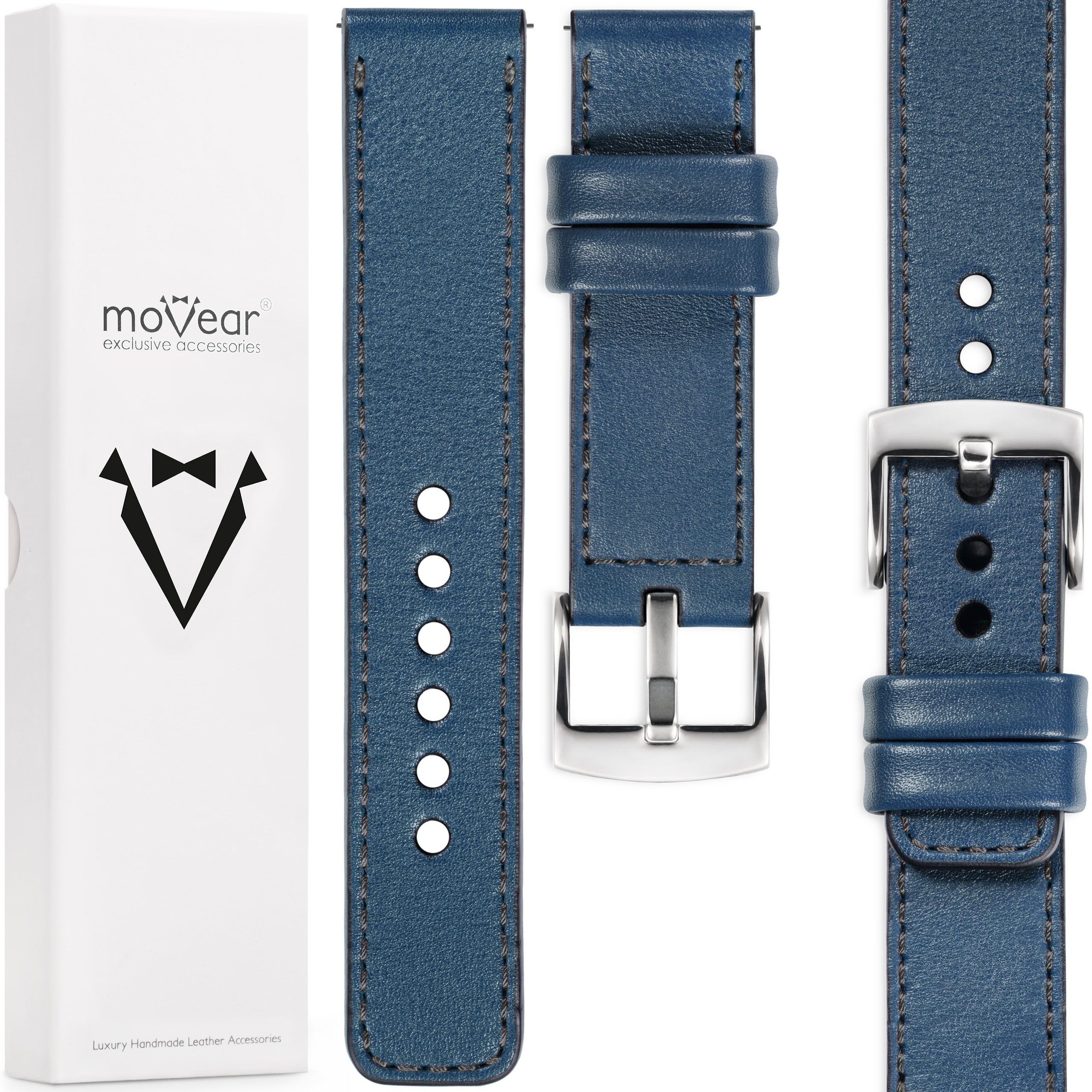 Pásek 24 mm pro prémiové hodinky, elegantní, italská kůže, modrý