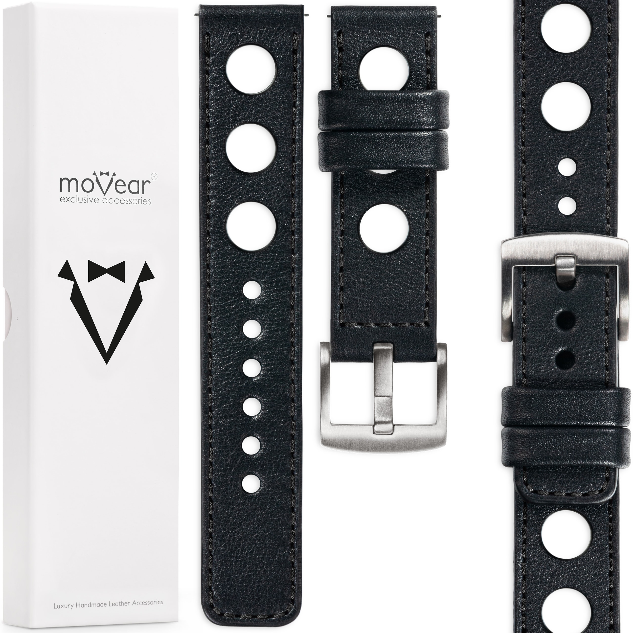 Pásek 20 mm pro hodinky, elegantní, prémiový, ručně vyrobený, černý Movear