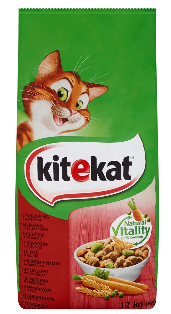 Levně Kitekat suché krmivo pro kočky s hovězím masem a zeleninou 12 kg