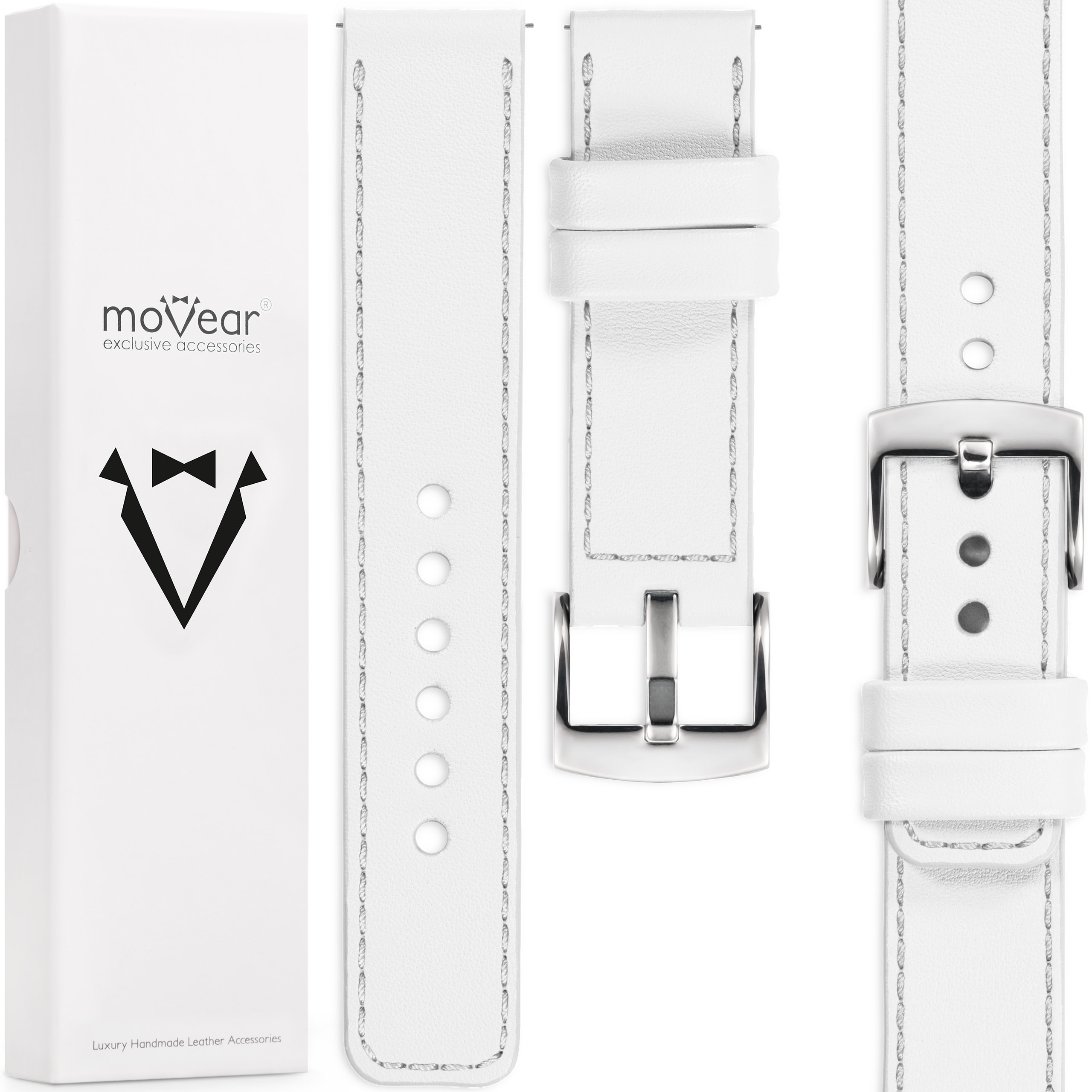 Pásek 24 mm pro hodinky, elegantní, prémiový, ručně vyrobený, bílý Movear