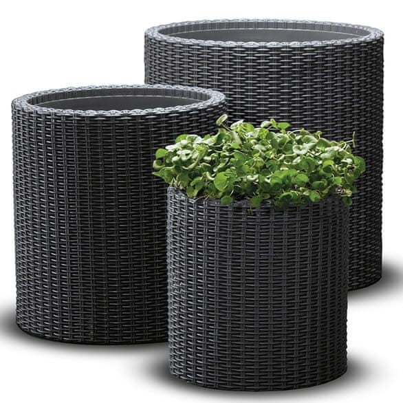 Zestaw 3 Doniczki Keter Cylinder Planter S+m+l Antracyt plecionka rattan
