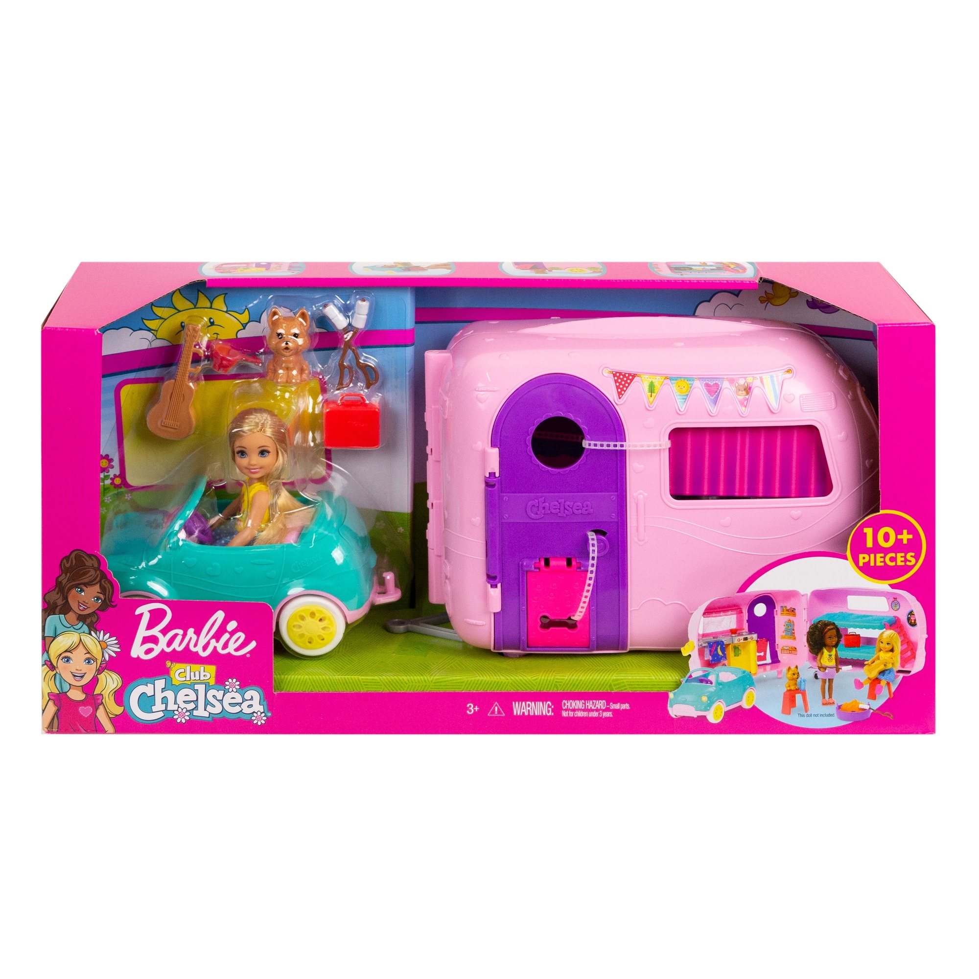 Lalka Barbie Chelsea Auto kabriolet FXG90 Kamper Piesek Samochód