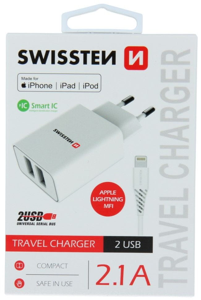 Swissten Zasilacz sieciowy Smart IC 2.1A kabel Lightning MFi 1.2m Biały
