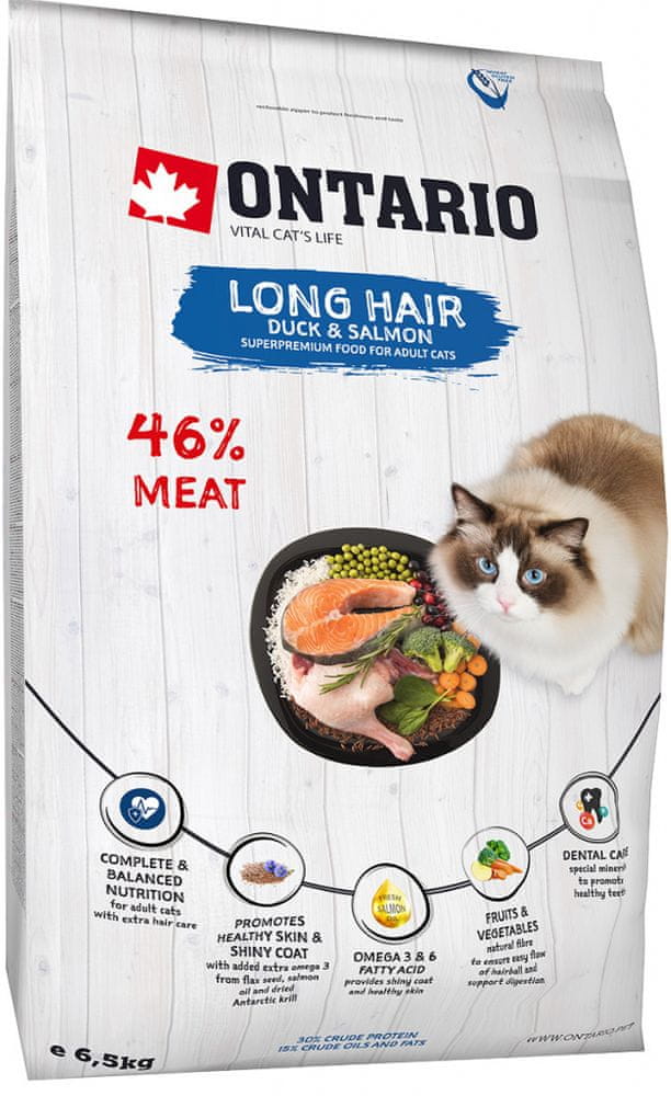 Levně Ontario Cat Long Hair 6,5KG Suché Krmivo Pro Kočky