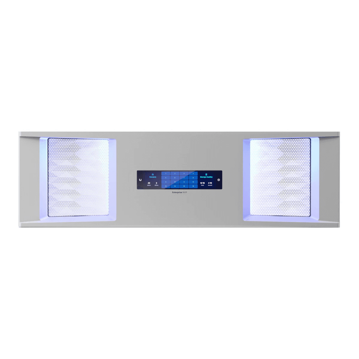 UBIQUITI Enterprise NVR Bezel, Disc overview and management, View livestreams directly from the rack, Physically secure discs with a door latch, 4.7" touchscreen — 3
