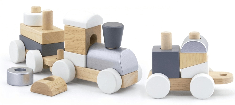 DREWNIANA KOLEJKA Z WAGONIKAMI KLOCKI - VIGA - lokomotywa 2 wagony - 18msc+