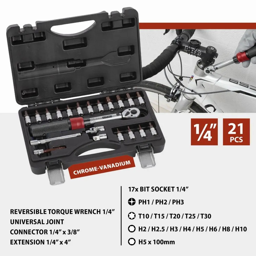 Momentový kľúč 1/4" 2-20Nm pre bicyklovú sadu 21 ks