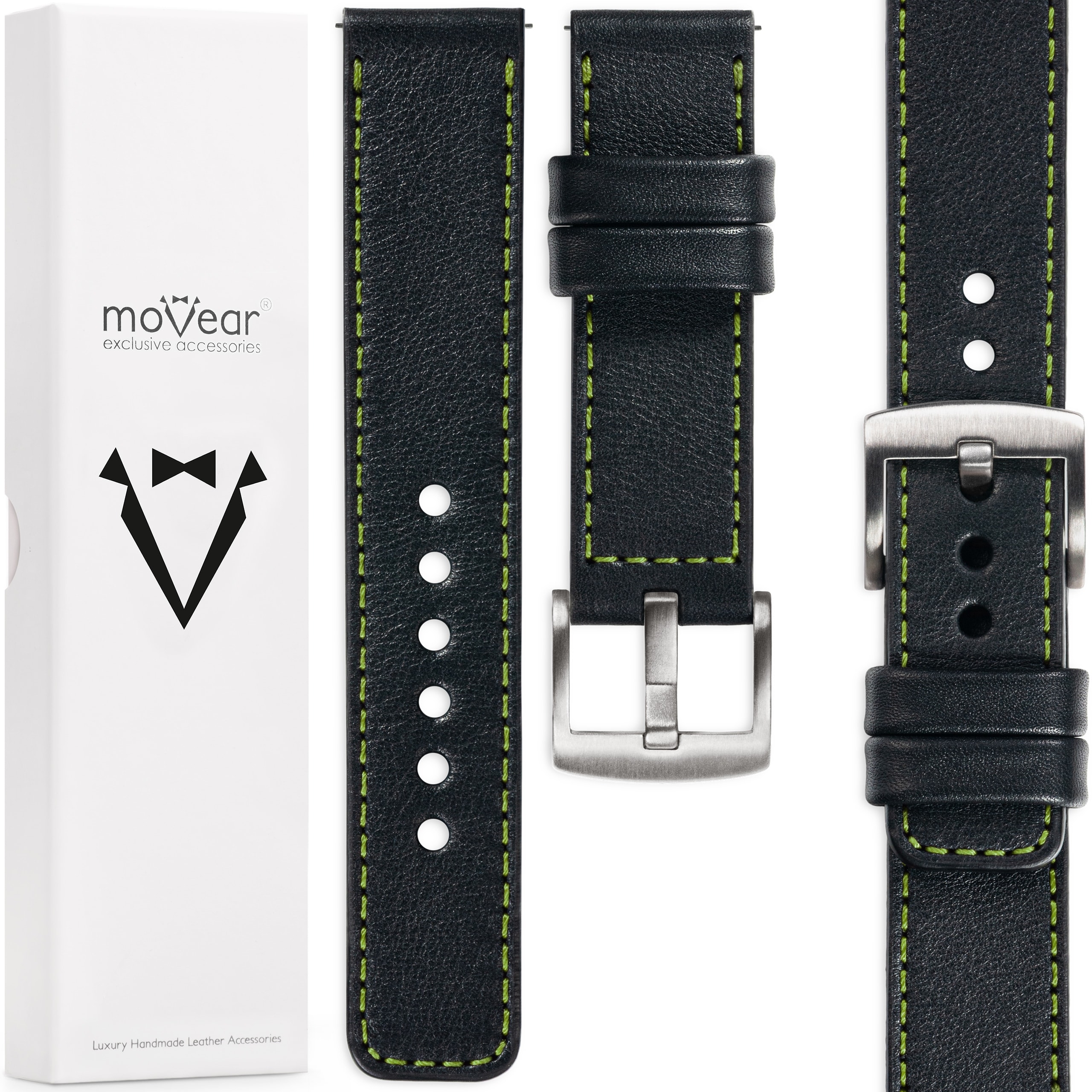 Pásek 24 mm pro hodinky, prémiová kůže, elegantní Polský černý Movear