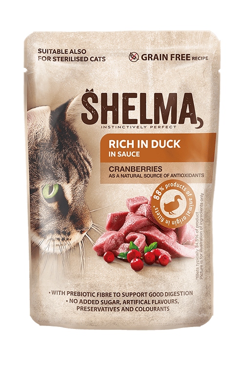 Shelma bezobilné dušené filé bohaté na kachnu s brusinkami v omáčce 28x85 g