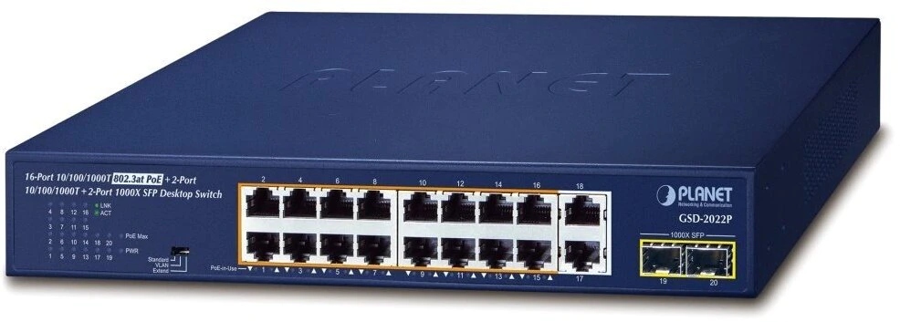 Planet 16portový 10/100/1000T 802.3at PoE Switch, modrý