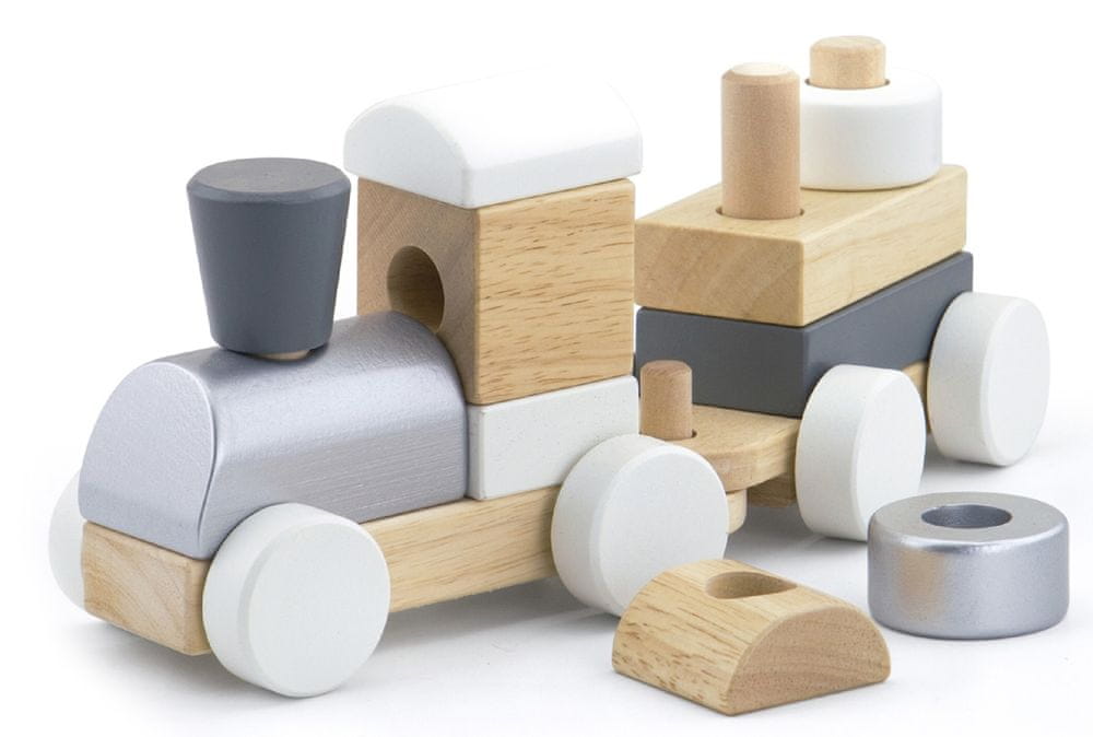 DREWNIANA KOLEJKA Z WAGONIKAMI KLOCKI - VIGA - lokomotywa 2 wagony - 18msc+ Seria KOCKI