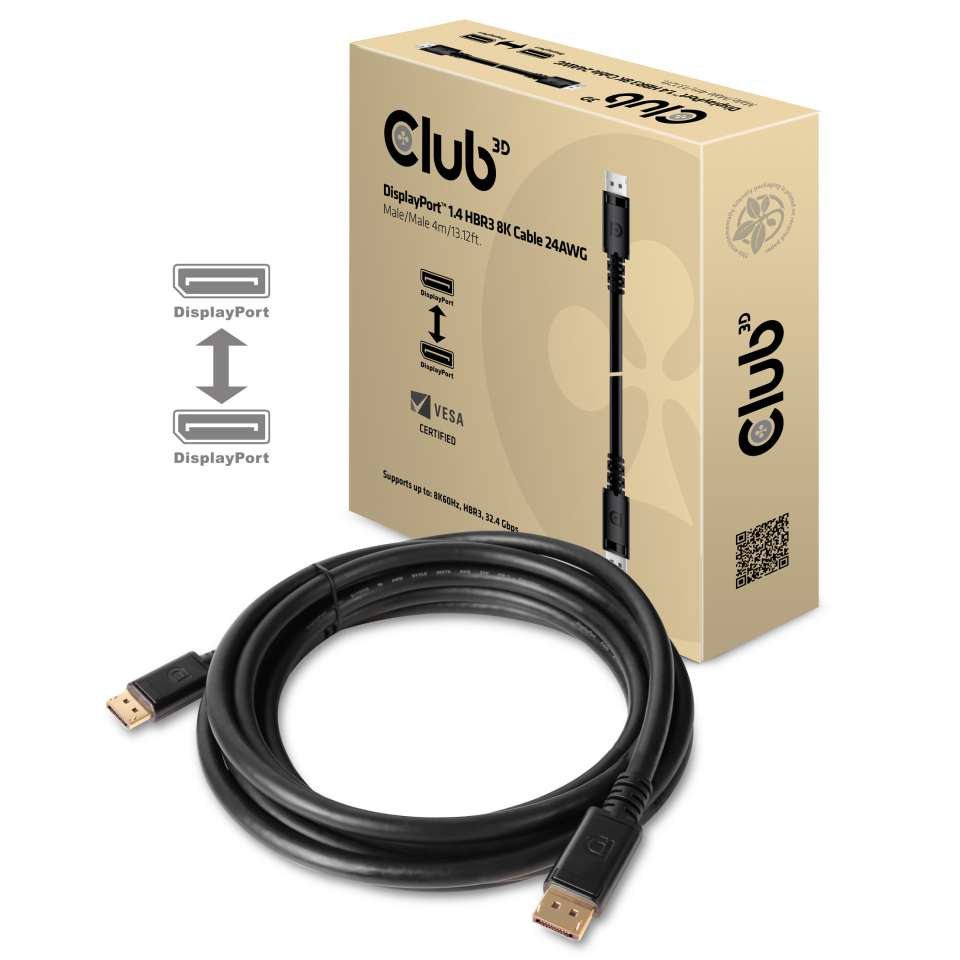 Club3D Kabel DisplayPort 1.4 HBR3, 8K60Hz (M/M), černé koncovky, 4m, 24 Awg