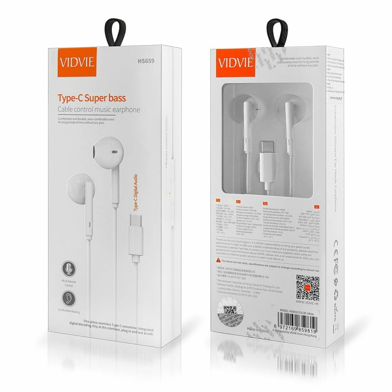 Słuchawki z kablem VIDVIE HS659 Type C biały