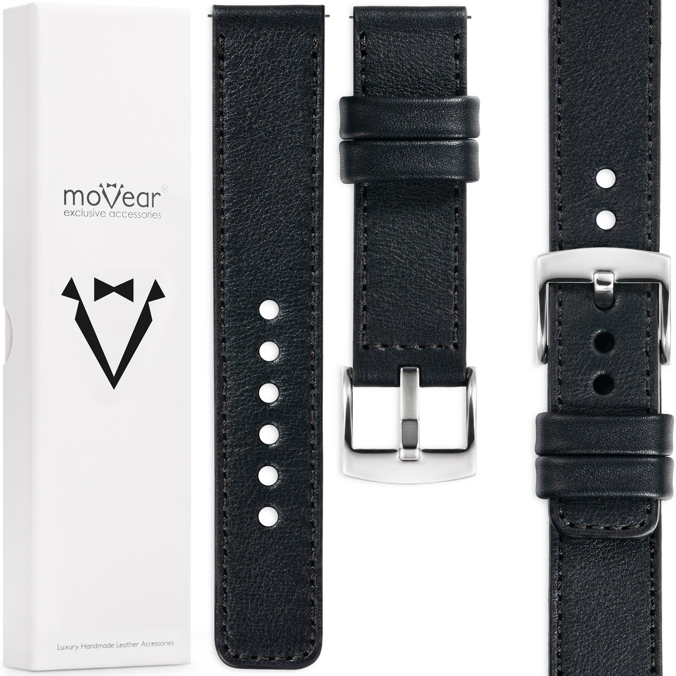 Pásek 18 mm pro prémiové hodinky, stylový Polský kožený Movear Černý