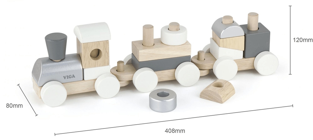 DREWNIANA KOLEJKA Z WAGONIKAMI KLOCKI - VIGA - lokomotywa 2 wagony - 18msc+ Materiał drewno