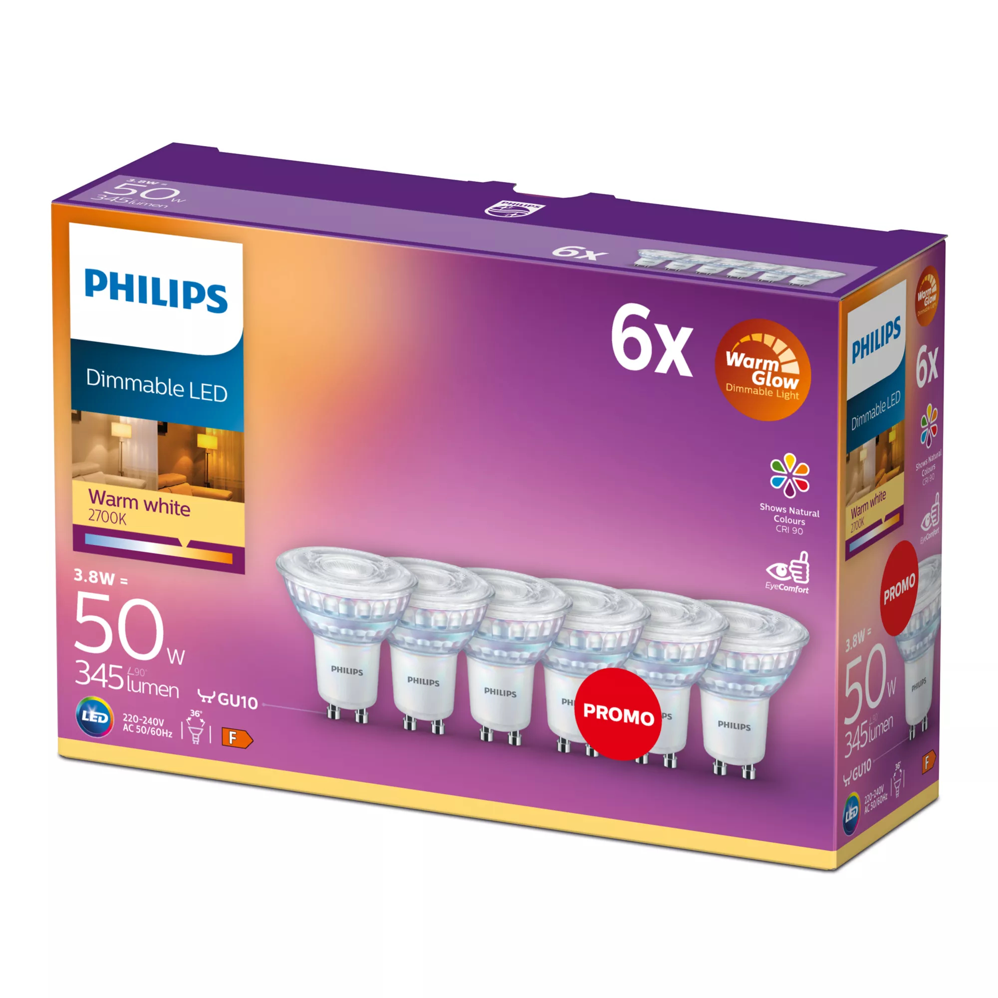 6x Żarówka Led GU10 3.8W 50W CRI90 36° Ściemnialna WarmGlow Philips