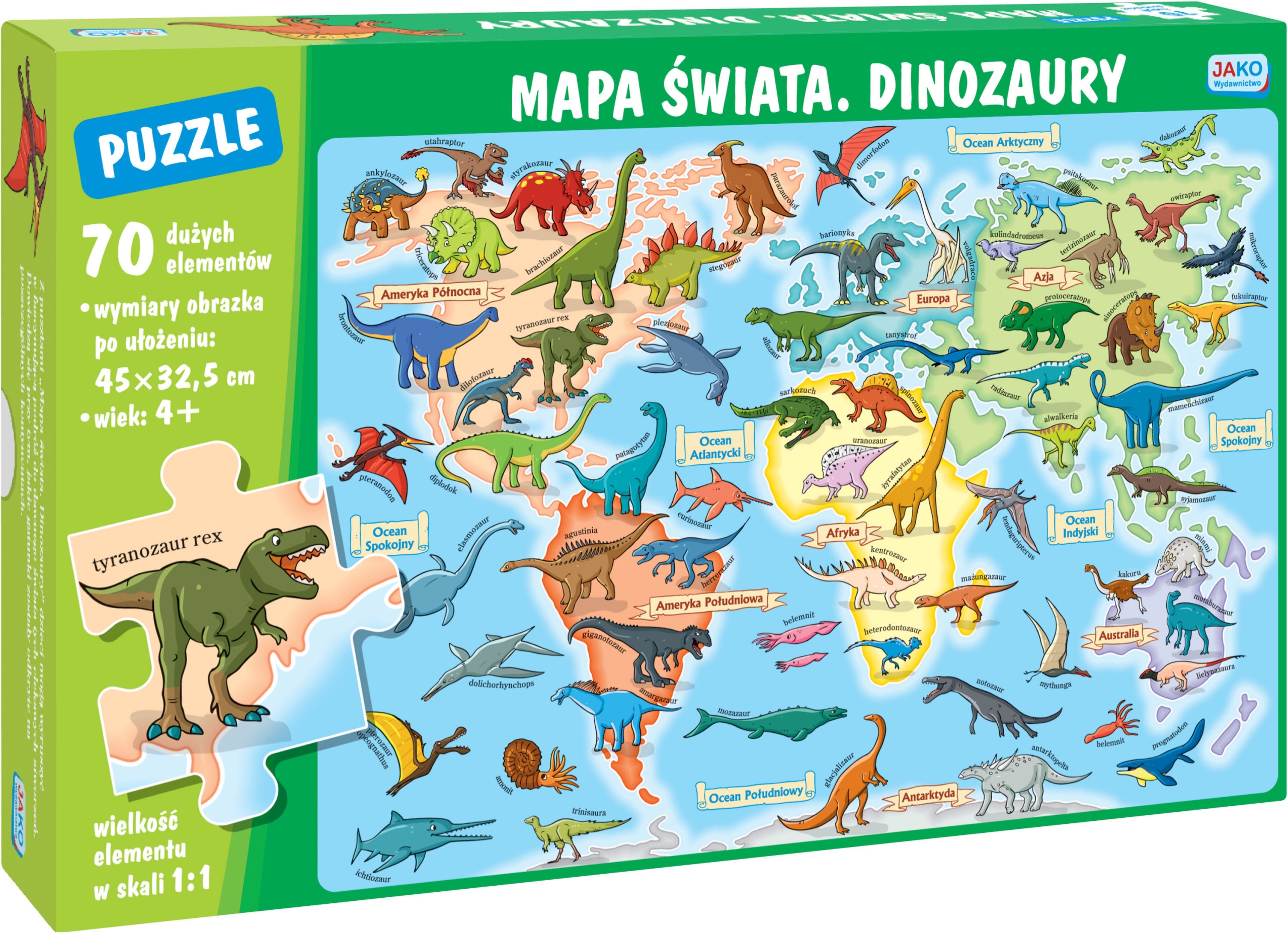 Puzzle 70 elementów. Mapa świata. Dinozaury