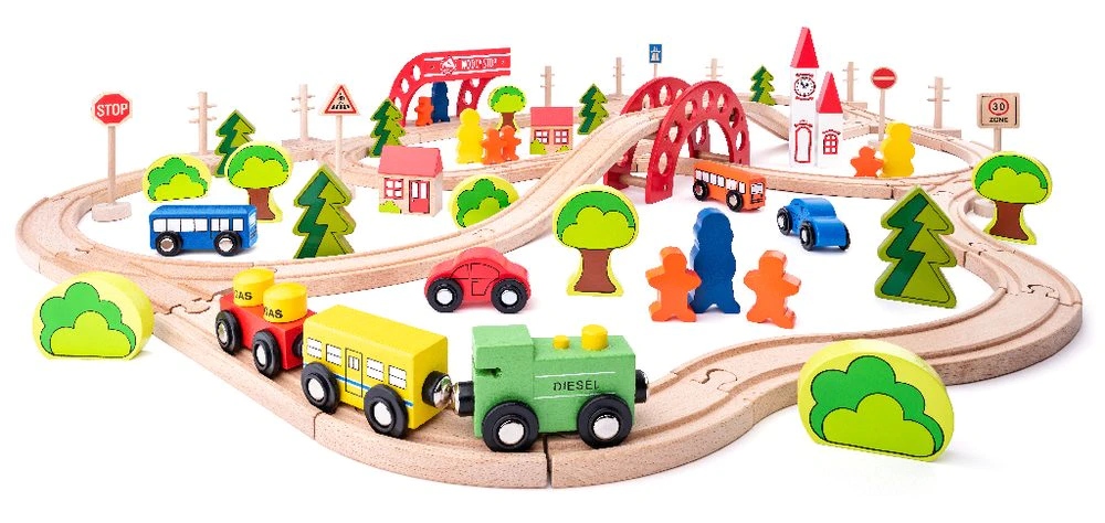 Kolejka drewniana z mostem Woodyland 90 elementów