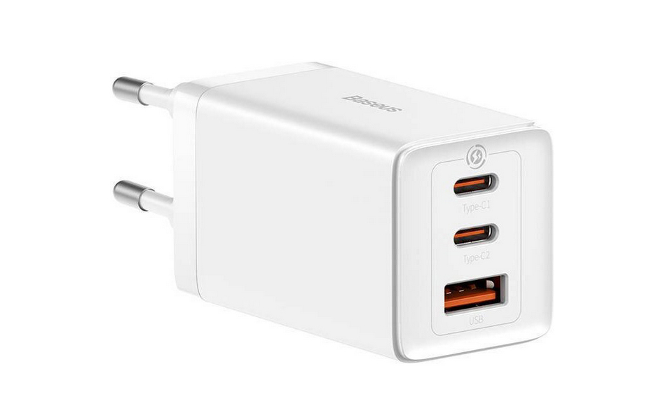 Síťová nabíječka Baseus 2 x USB-C + USB kabel 65W GaN EU Bílá