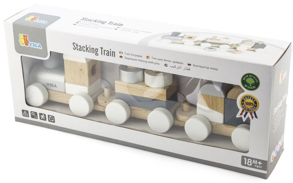 DREWNIANA KOLEJKA Z WAGONIKAMI KLOCKI - VIGA - lokomotywa 2 wagony - 18msc+ Bohater brak