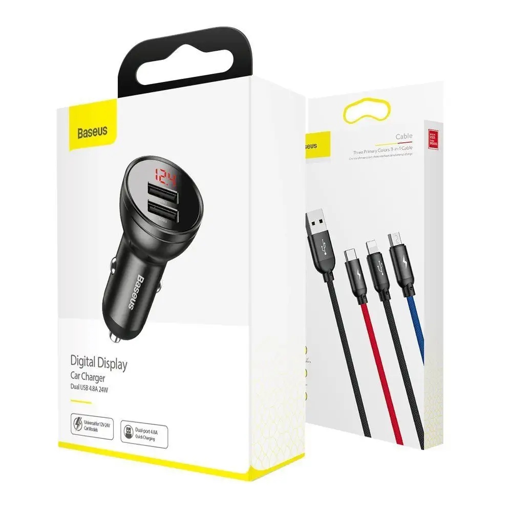 Ładowarka samochodowa 3w1 Baseus + kabel USB Typ C / micro USB/ Lightning Prąd wyjściowy 4800 mA