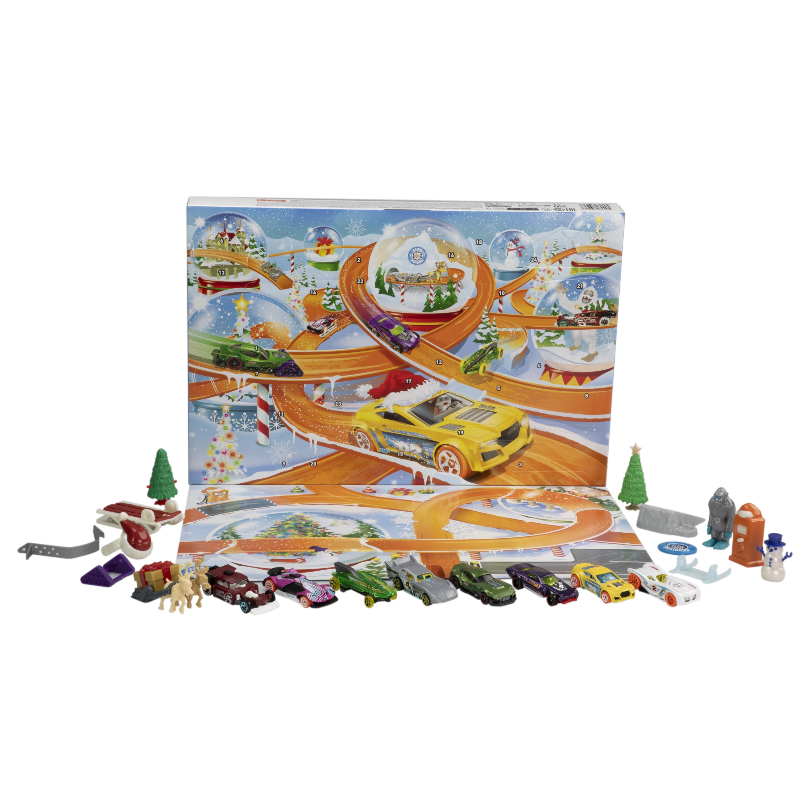 Адвент-календарь Hot Wheels 2024, 8 машинок 1:64 и 16 зимних аксессуаров, от 3 лет — фото 4