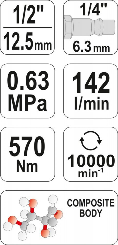 KLUCZ UDAROWY PNEUMATYCZNY KOMPOZYTOWY 1/2" MAX MOMENT OBROTOWY 570 NM YATO Maksymalny moment obrotowy 570 Nm