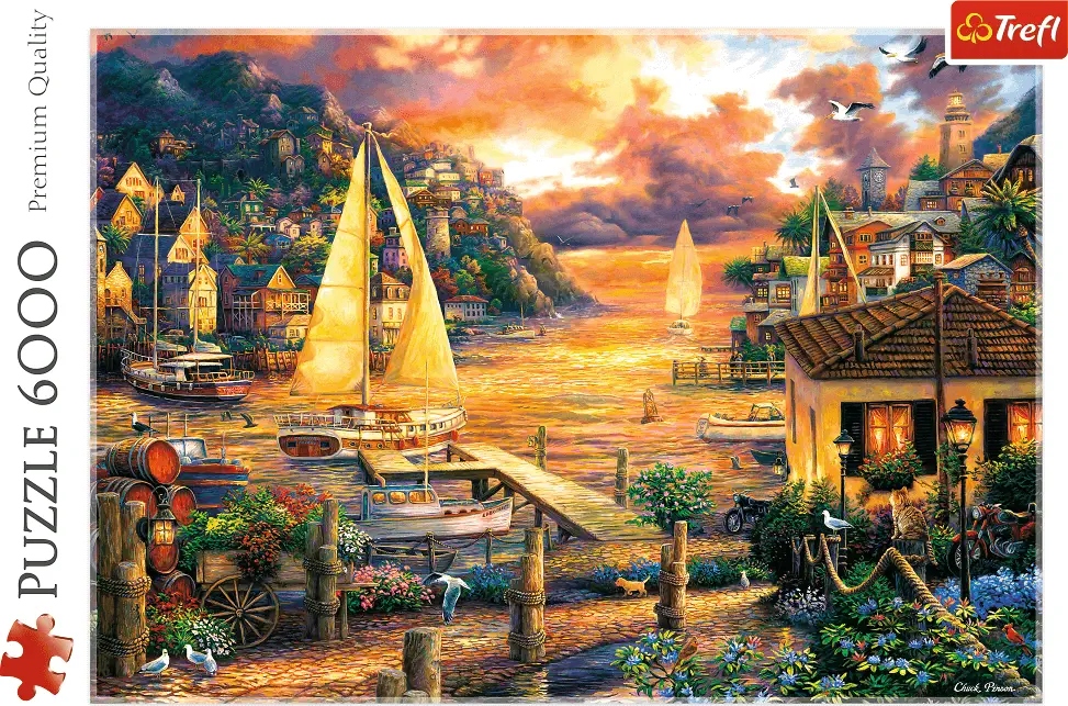 Puzzle 6000 Łapiąc Sny Zachód Słońca Jezioro Żagle Pies Kot Przystań Trefl